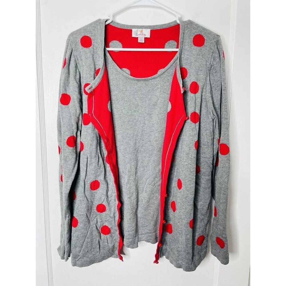 Quacker Factory Fooler Top Large Polka Dot Cardigan Sweater Ornate Buttons Gray